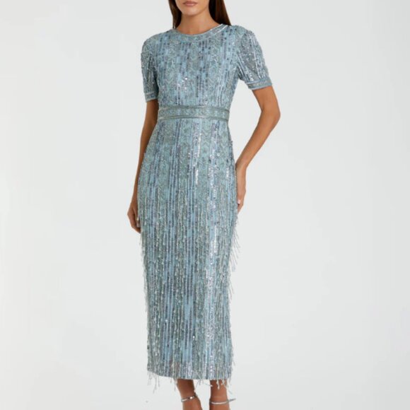 MAC DUGGAL 5980 HIGH NECK SHORT SLEEVE CRYSTAL FRINGE FRENCH BLUE MIDI DRESS 12 - Picture 3 of 6